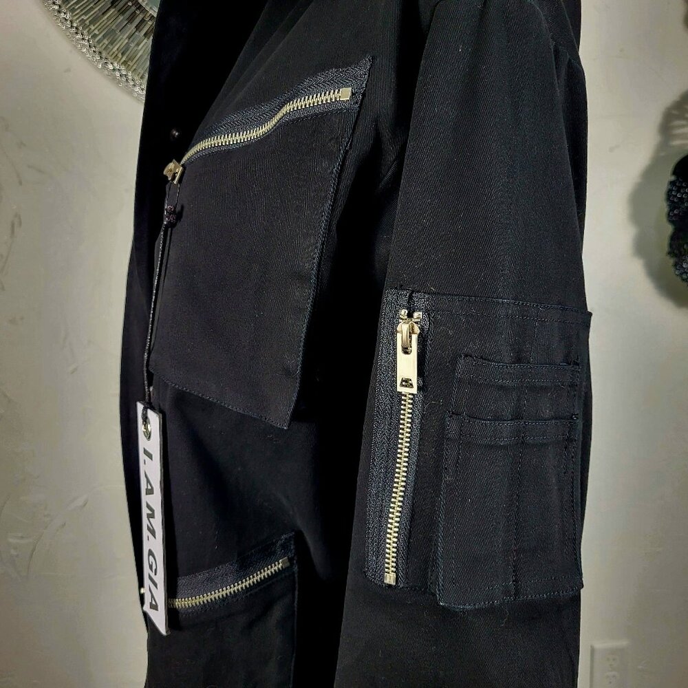 NWT~$295~I AM GIA~S/M~BLACK MILITARY UTILITY CARGO DENIM JEAN JACKET COAT - Picture 13 of 16
